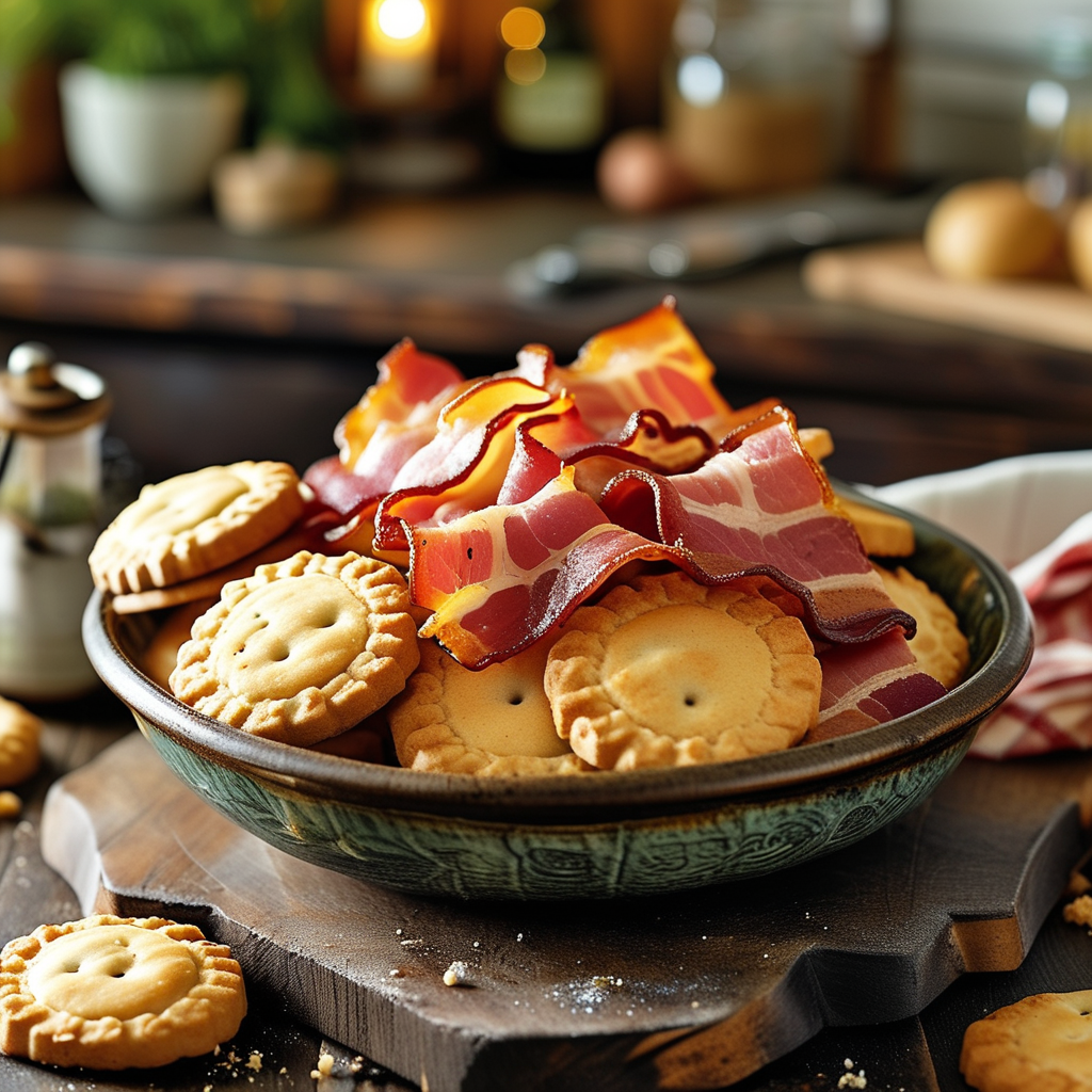 Bacon Sawmill Gravy - A Comforting Southern Classic 1 Image of finished Bacon Sawmill Gravy served in a bowl next to fluffy biscuits.