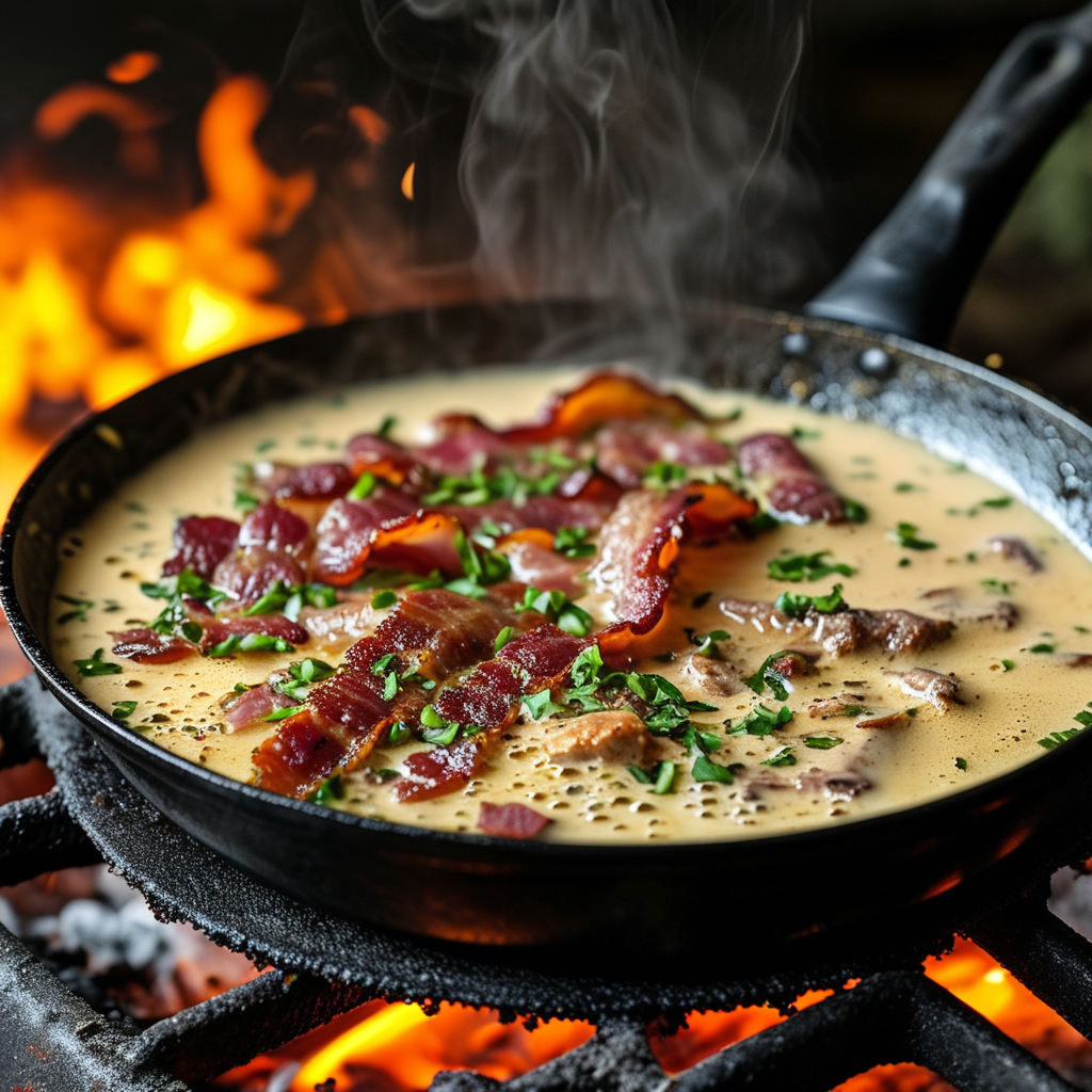 Bacon Sawmill Gravy - A Comforting Southern Classic 4 A saucepan with gravy thickening on the stove, garnished with a sprinkle of black pepper.