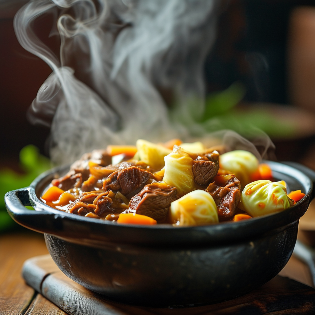 Beef and Cabbage: A Hearty and Nutritious Delight 2 A close-up shot of a pot simmering with beef and cabbage, illustrating the cooking process with steam rising and vibrant colors.