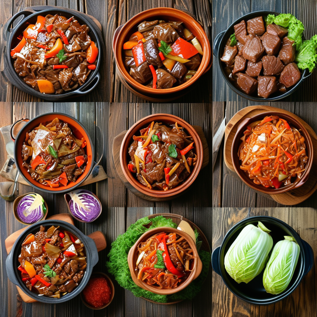 Beef and Cabbage: A Hearty and Nutritious Delight 3 A collage of different beef and cabbage variations, including stir-fry, stew, stuffed cabbage rolls, and casserole, beautifully presented on a rustic wooden table.