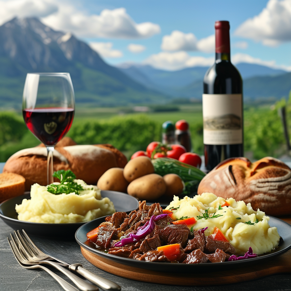 Beef and Cabbage: A Hearty and Nutritious Delight 4 A picturesque dining table set with a finished beef and cabbage meal alongside traditional sides like mashed potatoes and bread, with a bottle of red wine in the background.