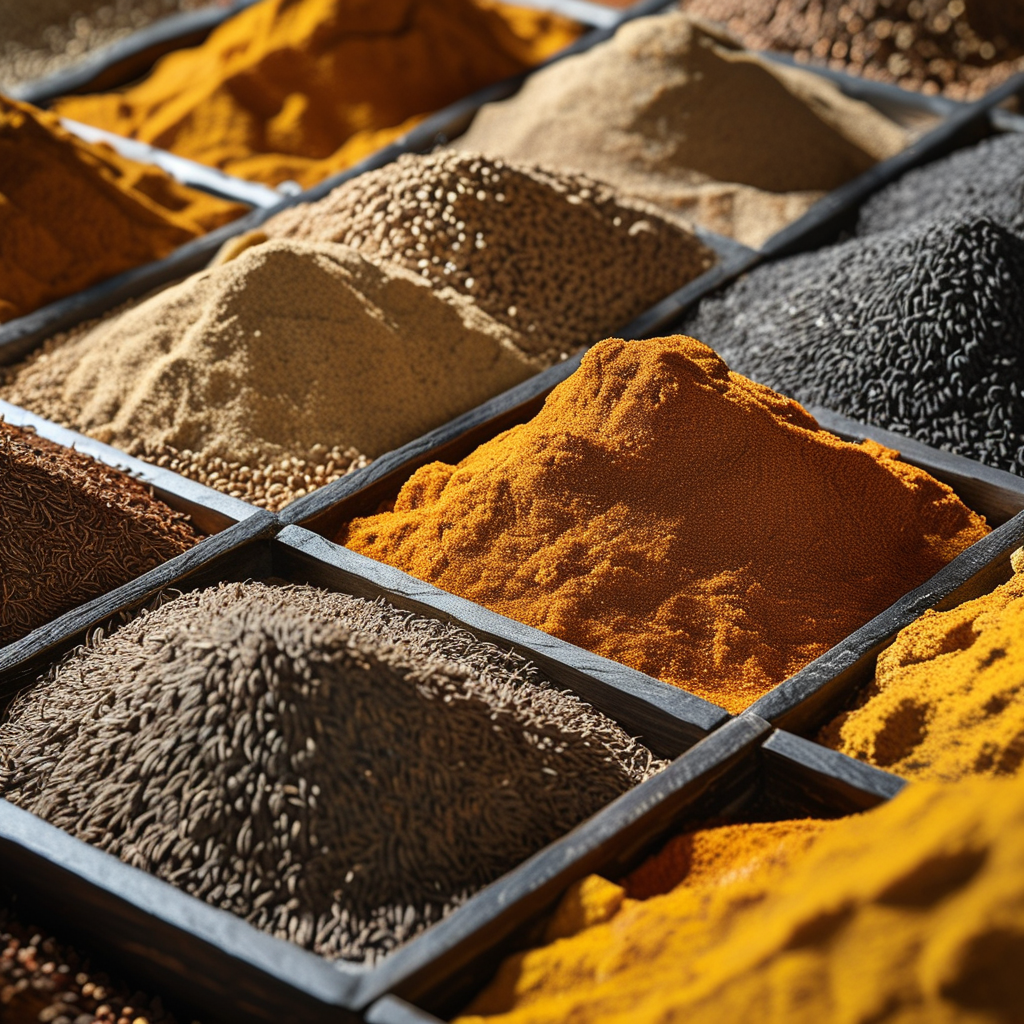 Cumin Recipes: Delicious and Nutritious Dishes 1 An artistic display of whole cumin seeds, ground cumin powder, and different varieties of cumin.