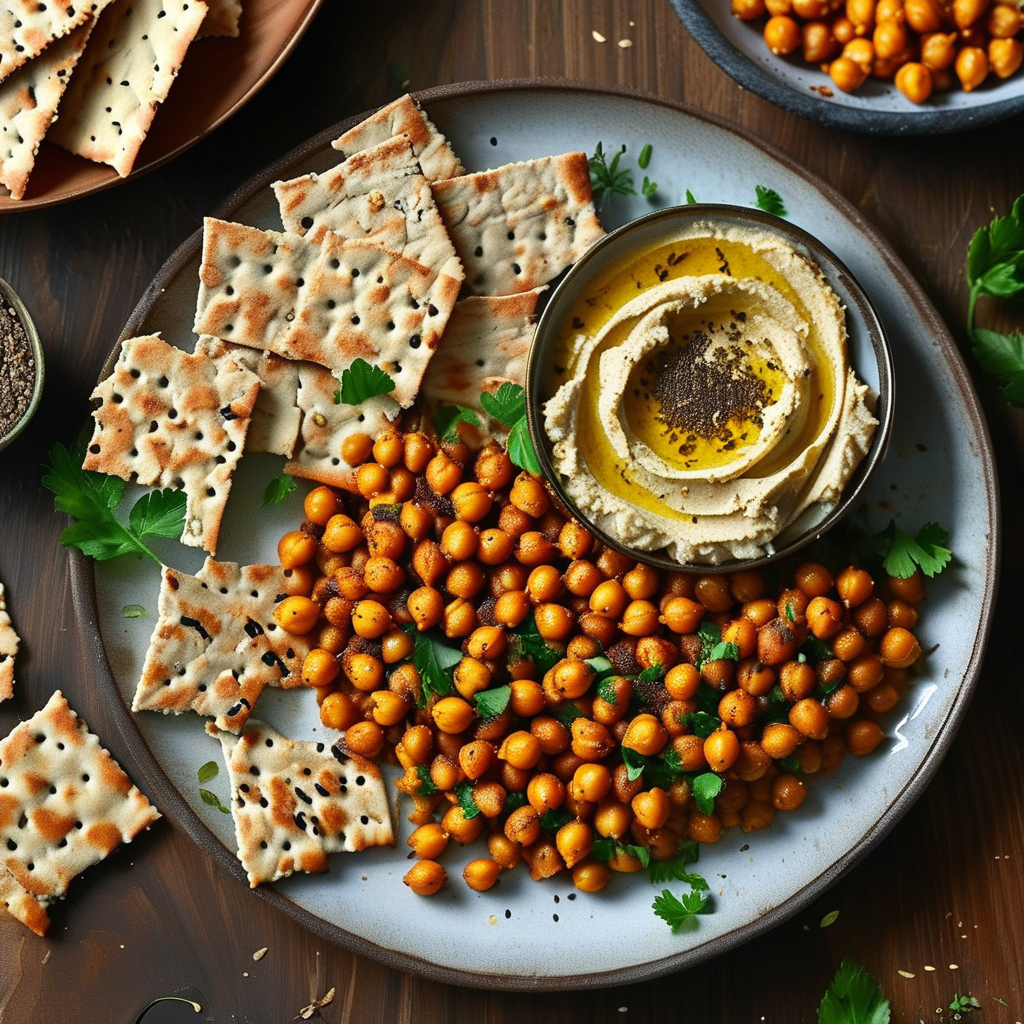 Cumin Recipes: Delicious and Nutritious Dishes 3 A vibrant plate of Cumin Roasted Chickpeas and Cumin-Spiced Hummus.