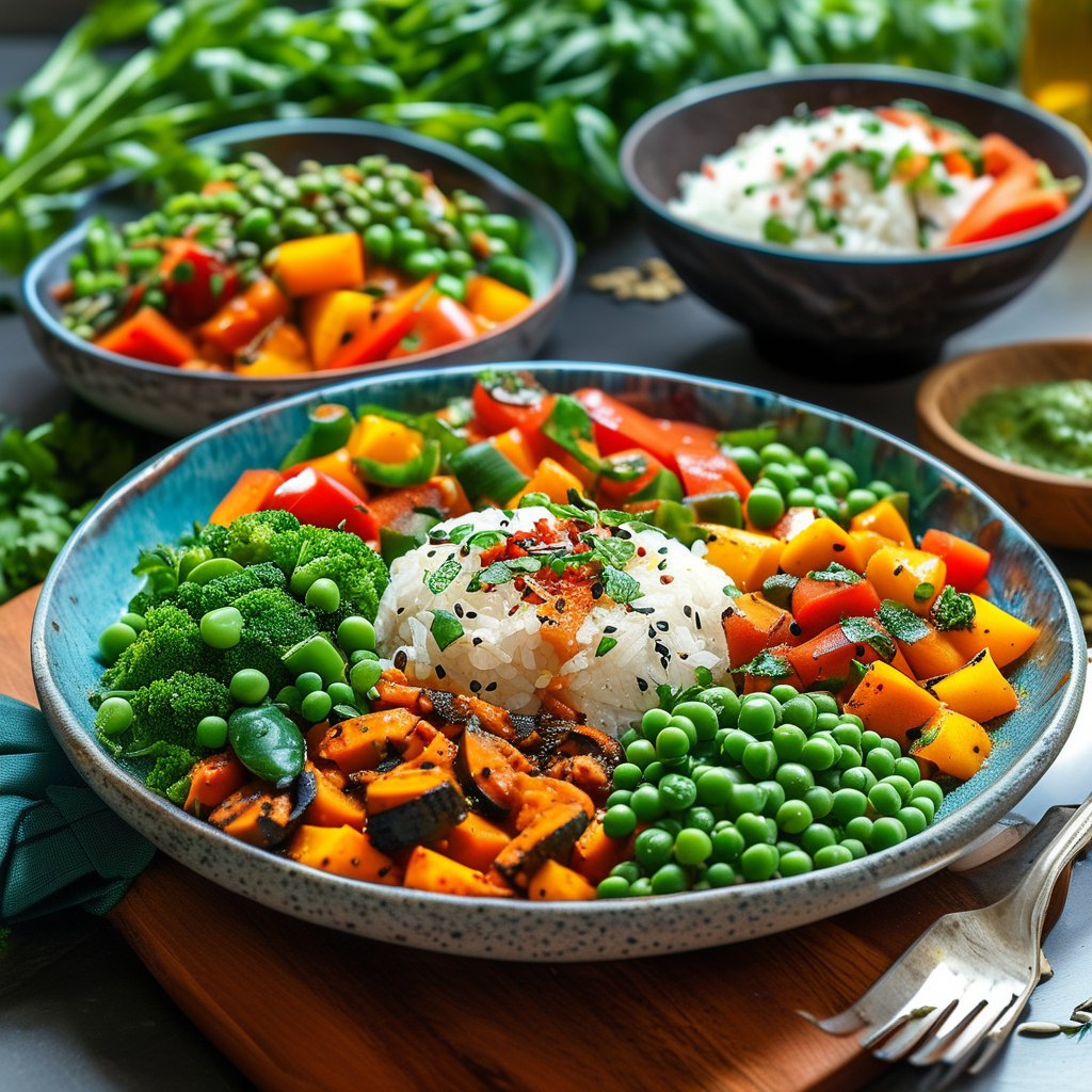 Cumin Recipes: Delicious and Nutritious Dishes 5 A visually appealing spread of vegan dishes like Cumin-Spiced Vegetable Stir-Fry and Cumin-infused Rice and Beans.