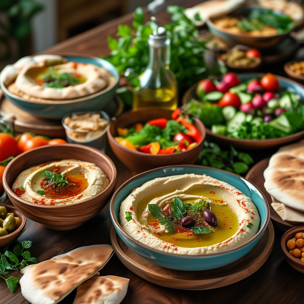 Easy Hummus Recipe - A Simple and Delicious Guide 1 Beautifully arranged table with bowls of hummus and fresh vegetables