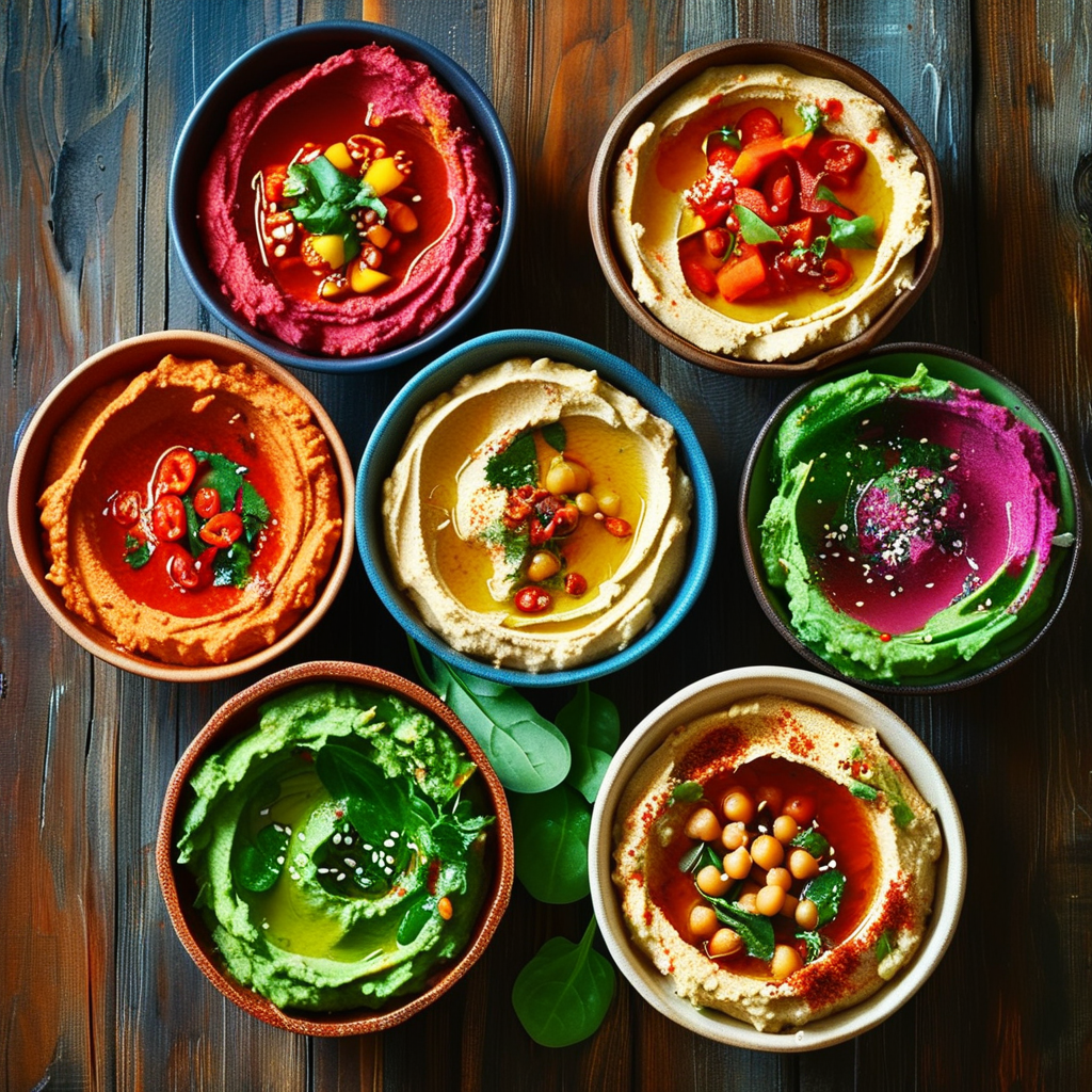 Easy Hummus Recipe - A Simple and Delicious Guide 5 Five different bowls of hummus variations
