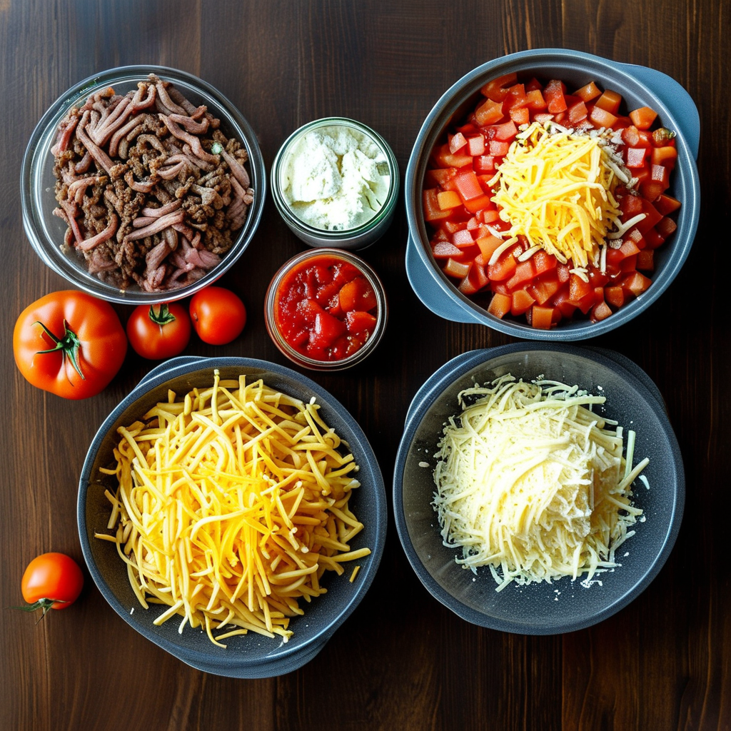 Hamburger Casserole - A Comfort Food Classic 2 An overhead view of the ingredient setup