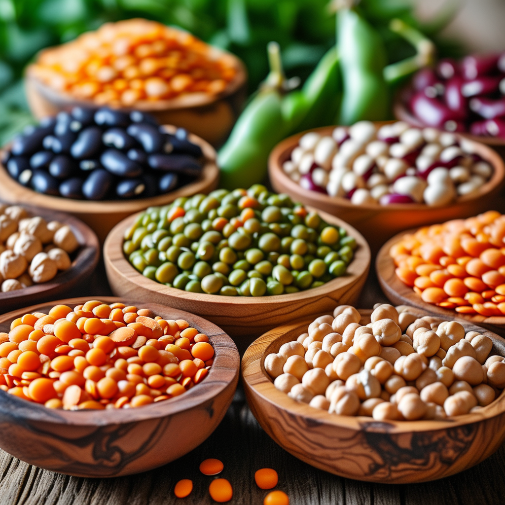Legume Recipes: Nutritious and Delicious Dishes for Every Meal 1 An assortment of fresh legumes including beans, lentils, peas, and chickpeas displayed in a wooden bowl.
