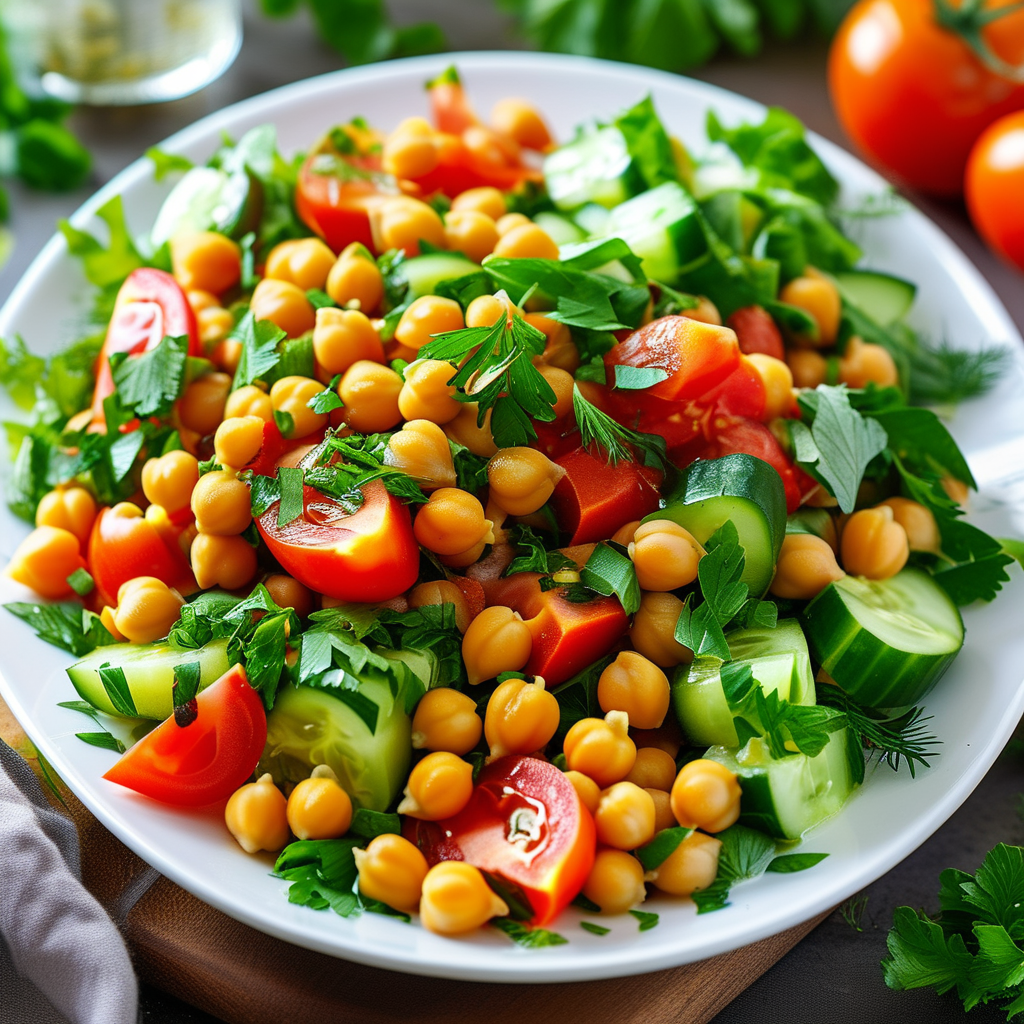Legume Recipes: Nutritious and Delicious Dishes for Every Meal 3 A vibrant salad featuring chickpeas, tomatoes, cucumbers, and herbs.