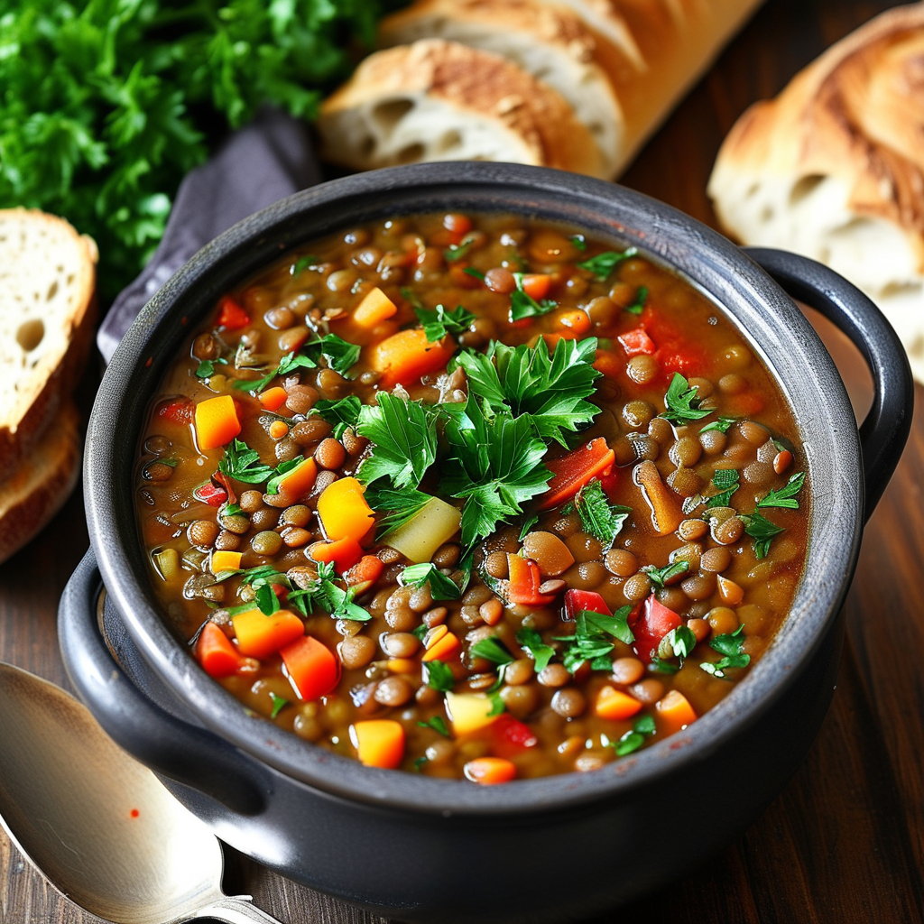 Legume Recipes: Nutritious and Delicious Dishes for Every Meal 2 A pot of simmering lentil soup with vegetables, a classic and comforting legume dish.