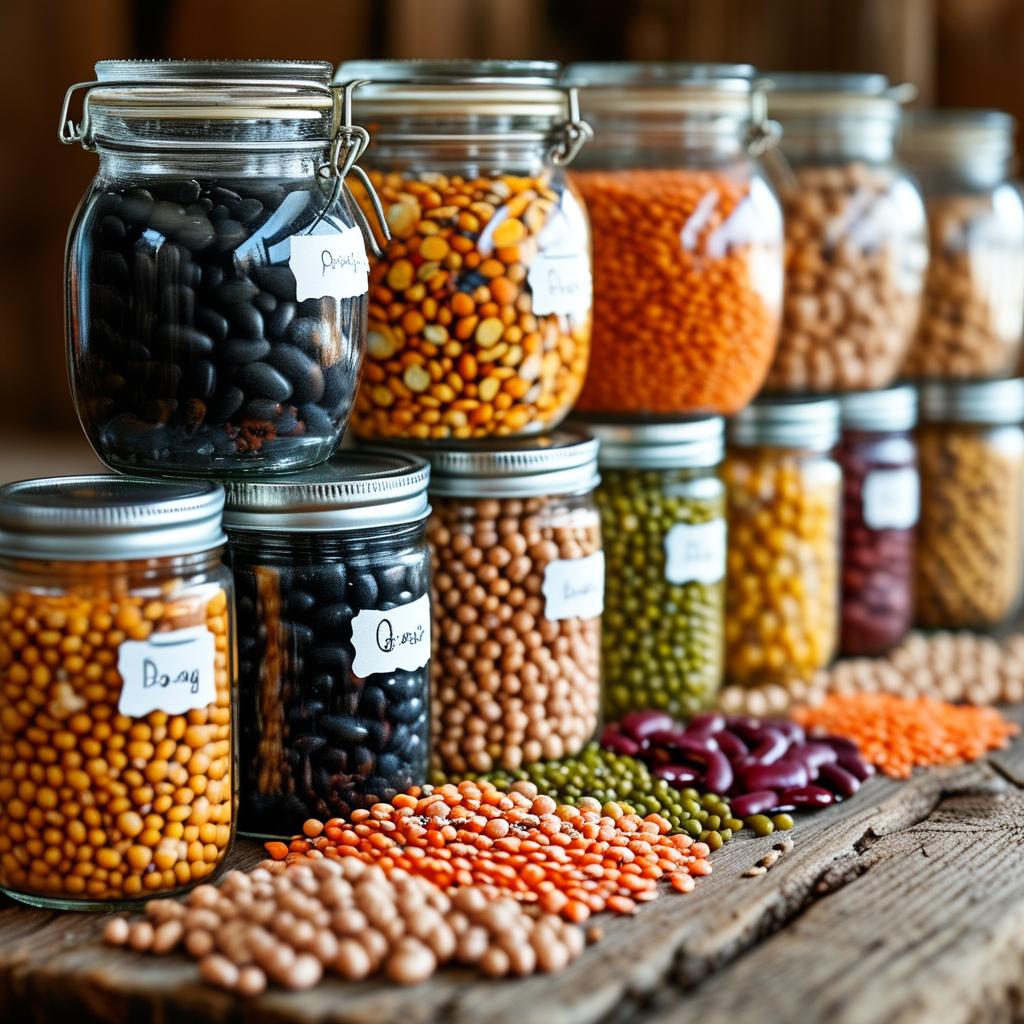 Legume Recipes: Nutritious and Delicious Dishes for Every Meal 4 A colorful display of different types of beans in glass jars on a rustic table.