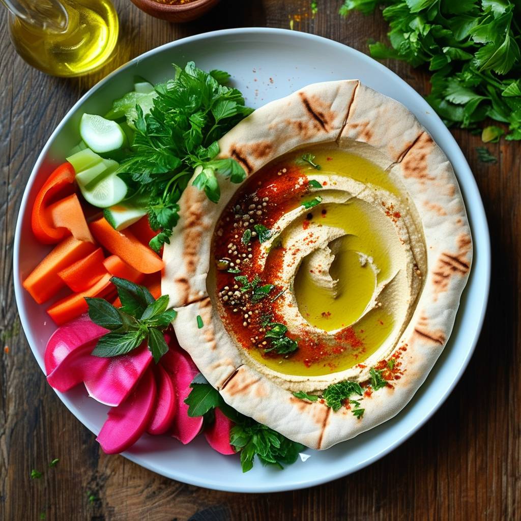 Legume Recipes: Nutritious and Delicious Dishes for Every Meal 5 A beautifully plated dish of hummus topped with olive oil and spices, served with pita bread.
