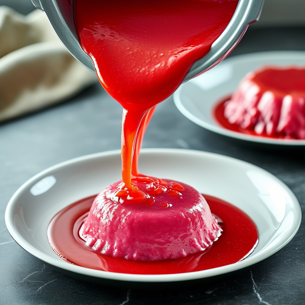 Red Velvet Pound Cake 4 Rich red batter being poured into a bundt pan