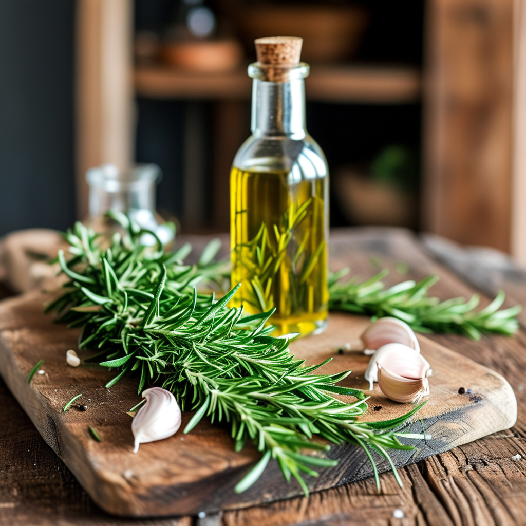 Rosemary Recipes: Delicious Dishes to Try 1 An arrangement of fresh rosemary sprigs with garlic and olive oil on a rustic wooden table.