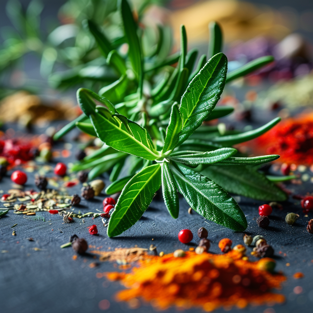 Rosemary Recipes: Delicious Dishes to Try 2 A close-up of rosemary leaves and a variety of spices, showcasing their vibrant colors.