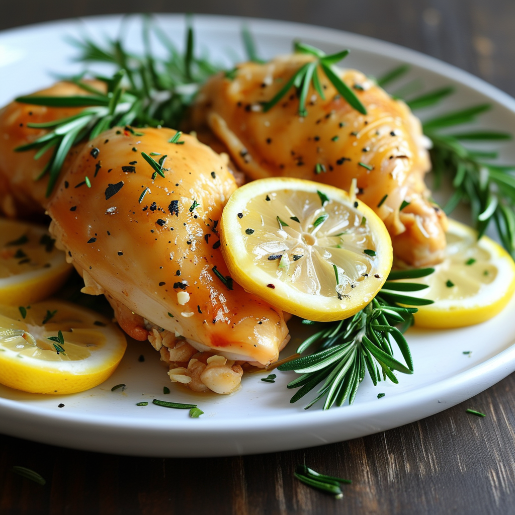 Rosemary Recipes: Delicious Dishes to Try 4 Beautifully plated Rosemary Lemon Chicken on a white dish, garnished with lemon slices and rosemary.