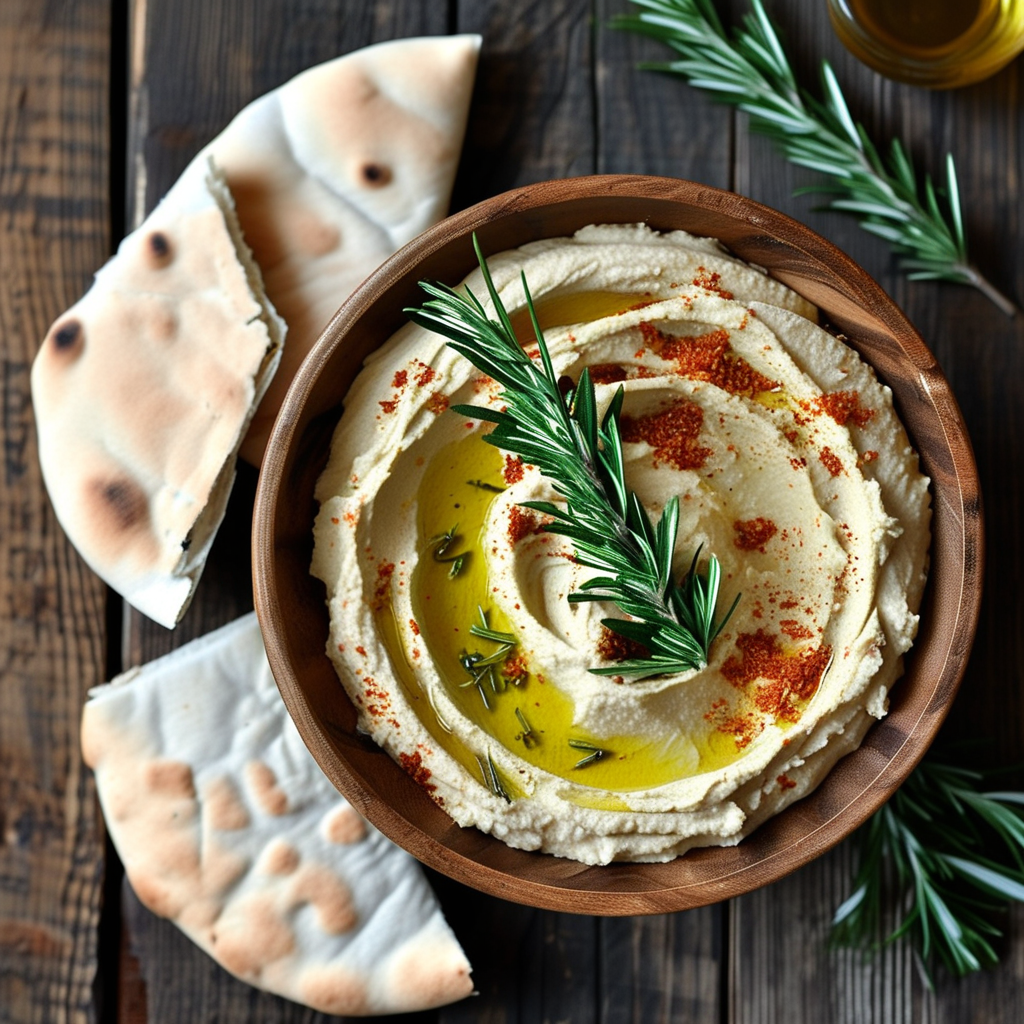 Rosemary Recipes: Delicious Dishes to Try 3 A bowl of creamy Rosemary Hummus drizzled with olive oil and garnished with rosemary sprigs, alongside pita bread.