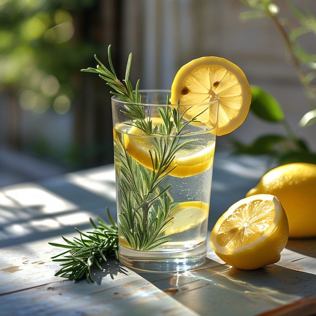Rosemary Recipes: Delicious Dishes to Try 5 A refreshing glass of Rosemary Lemonade with a sprig of rosemary and lemons on the side, placed on a sunlit table.