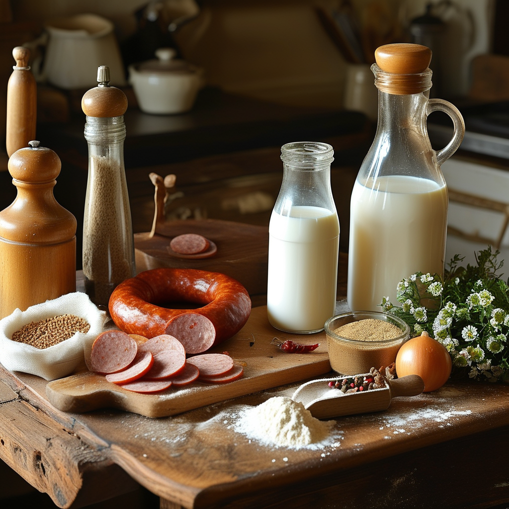 Sawmill Gravy Cracker Barrel: A Southern Comfort Food Delight 2 An artistic arrangement of the key ingredients for Sawmill gravy: sausage, flour, milk, and spices on a rustic kitchen table.