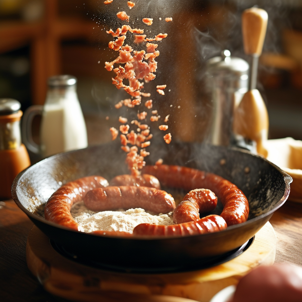 Sawmill Gravy Cracker Barrel: A Southern Comfort Food Delight 3 A close-up shot of the cooking process showing sausage browning in a skillet and flour being added.