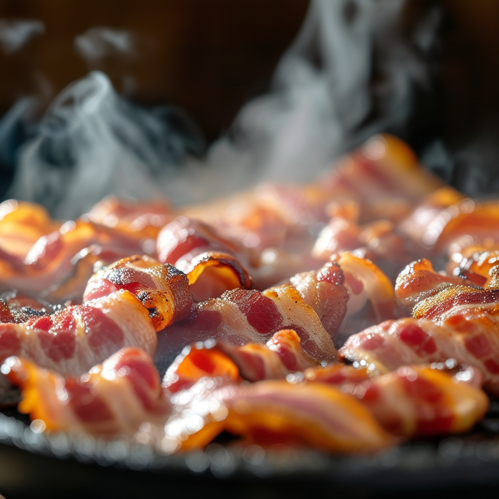 Raw bacon cooking in a skillet