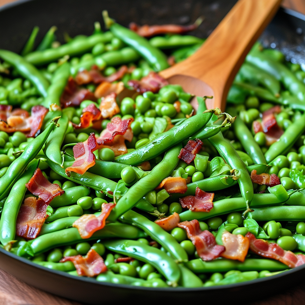Green beans being added to the skillet
