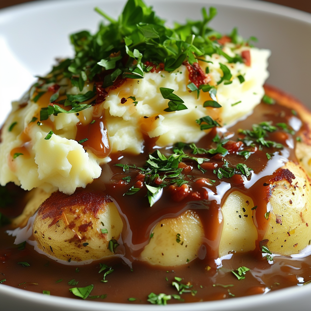 What's the Difference Between Sawmill Gravy and Regular Gravy? 4 Regular gravy on mashed potatoes, showing a classic use that illustrates its difference from sawmill gravy.