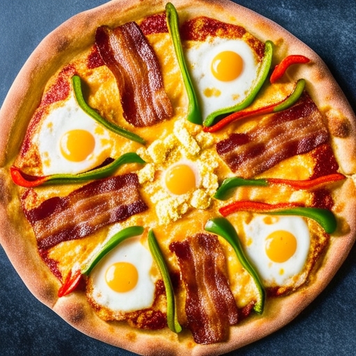 Breakfast Pizza for Schools 1 A freshly baked breakfast pizza with a golden crust, topped with scrambled eggs, melted cheese, bell peppers, and bacon.