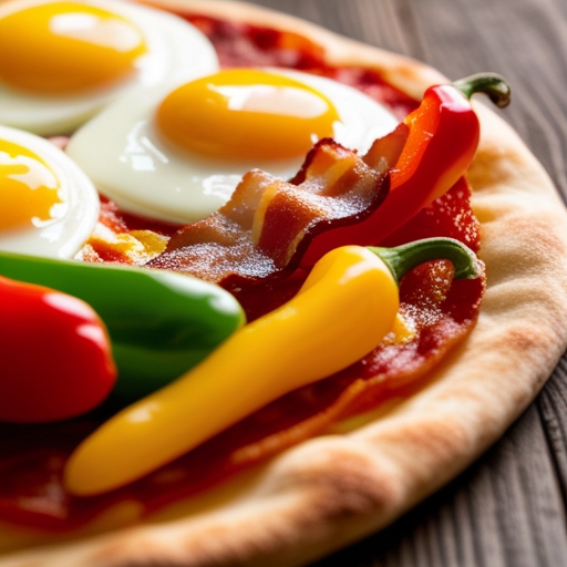 Breakfast Pizza for Schools 2 A close-up shot of the main ingredients used in breakfast pizza: eggs, cheese, and various toppings arranged on a wooden board.