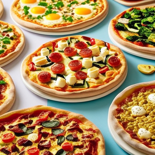 Breakfast Pizza for Schools 4 A colorful display of various breakfast pizza styles including vegetarian, gluten-free, and traditional options on a table.