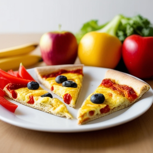 Breakfast Pizza for Schools 5 An appealing table setting with slices of breakfast pizza next to fresh fruits and vegetables, representing healthy eating habits in schools.