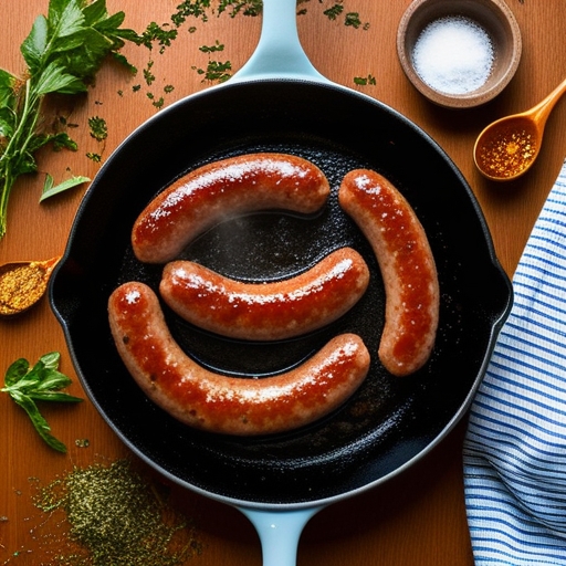 Breakfast Sausage: A Comprehensive Guide 4 An overhead shot of sausage being pan-fried on a skillet with some herbs and spices sprinkled around.