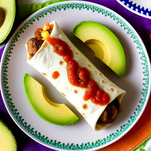 Breakfast Sausage: A Comprehensive Guide 5 A beautifully arranged breakfast plate featuring a burrito made with sausage, topped with fresh avocado and salsa.