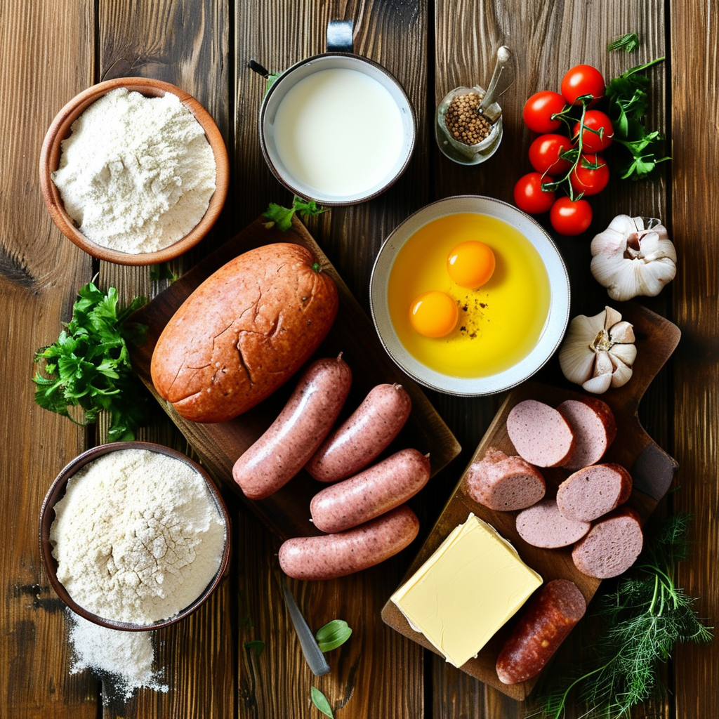 Cracker Barrel Gravy 2 An overhead shot displaying the essential ingredients needed for Cracker Barrel gravy: flour, milk, sausage, and butter arranged aesthetically.