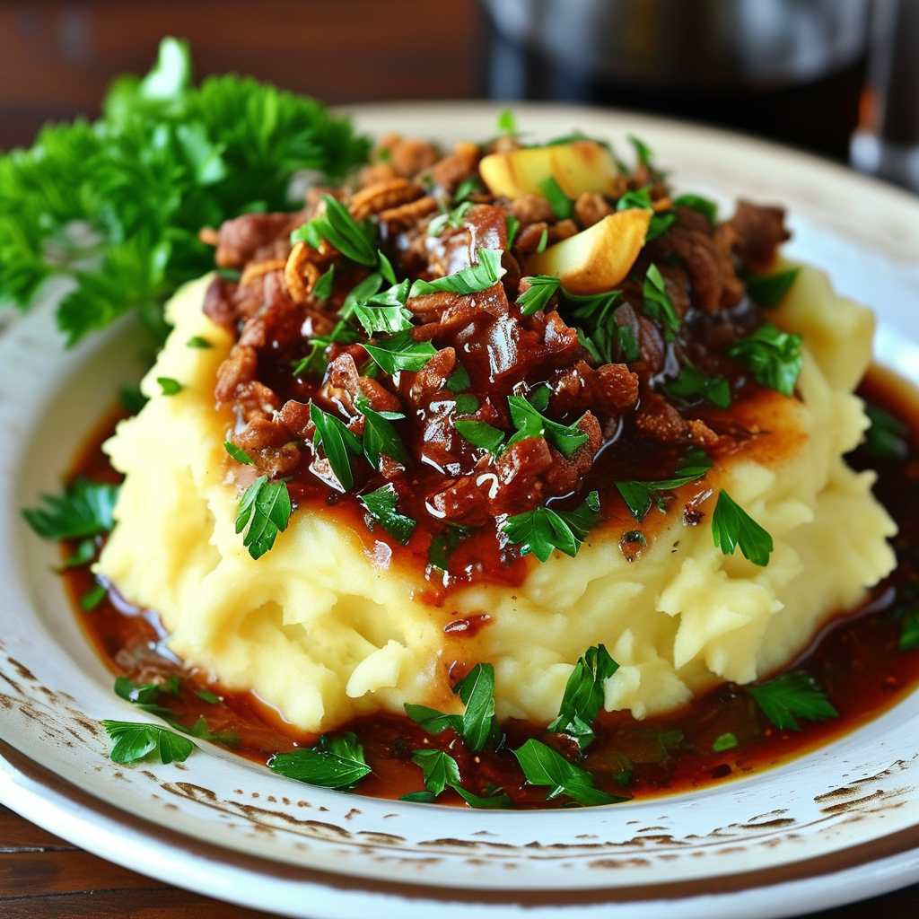 Cracker Barrel Gravy 4 A beautifully plated dish of Cracker Barrel gravy over mashed potatoes, garnished with parsley.