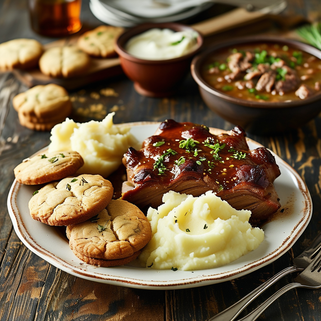 Cracker Barrel Gravy 5 A table setting featuring biscuits, mashed potatoes, and gravy, with various serving suggestions.