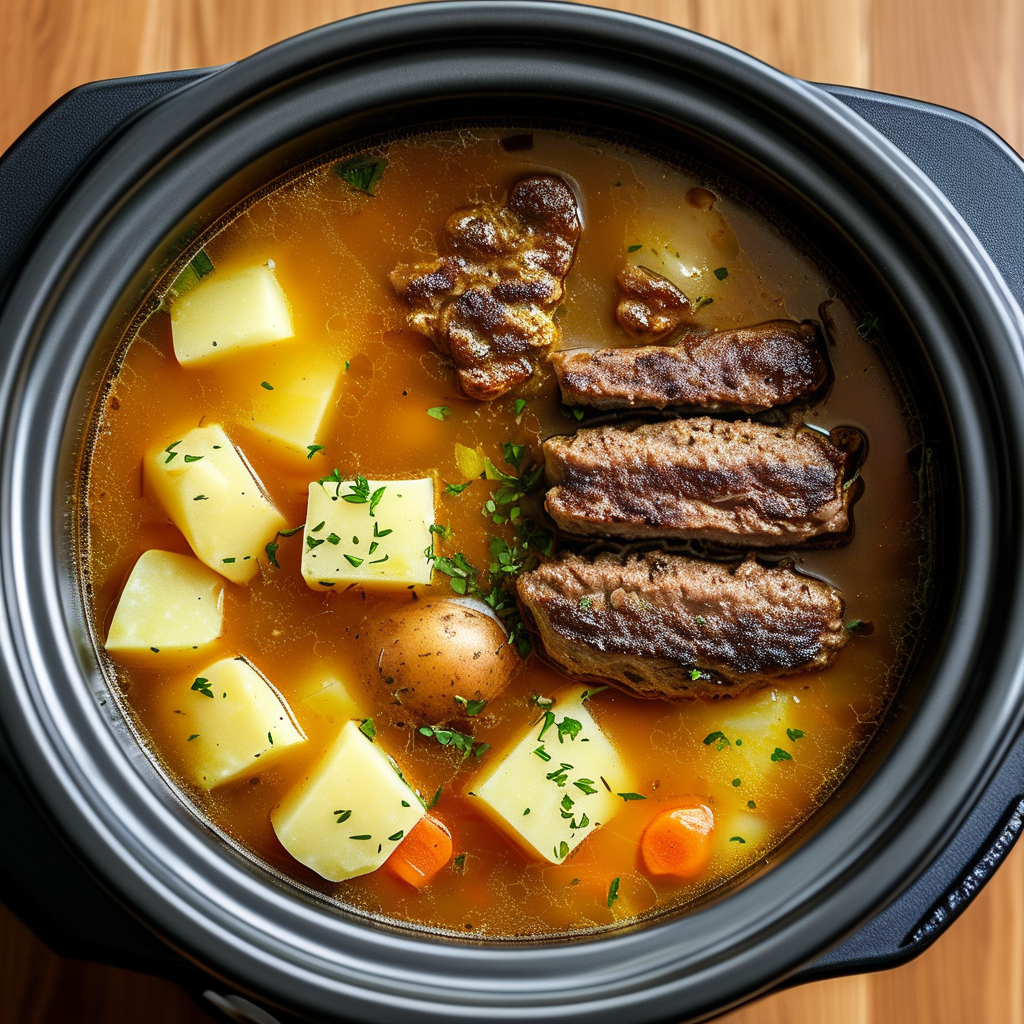 Crock Pot Creamy Potato and Hamburger Soup Recipe 3 Layering in the Crock Pot