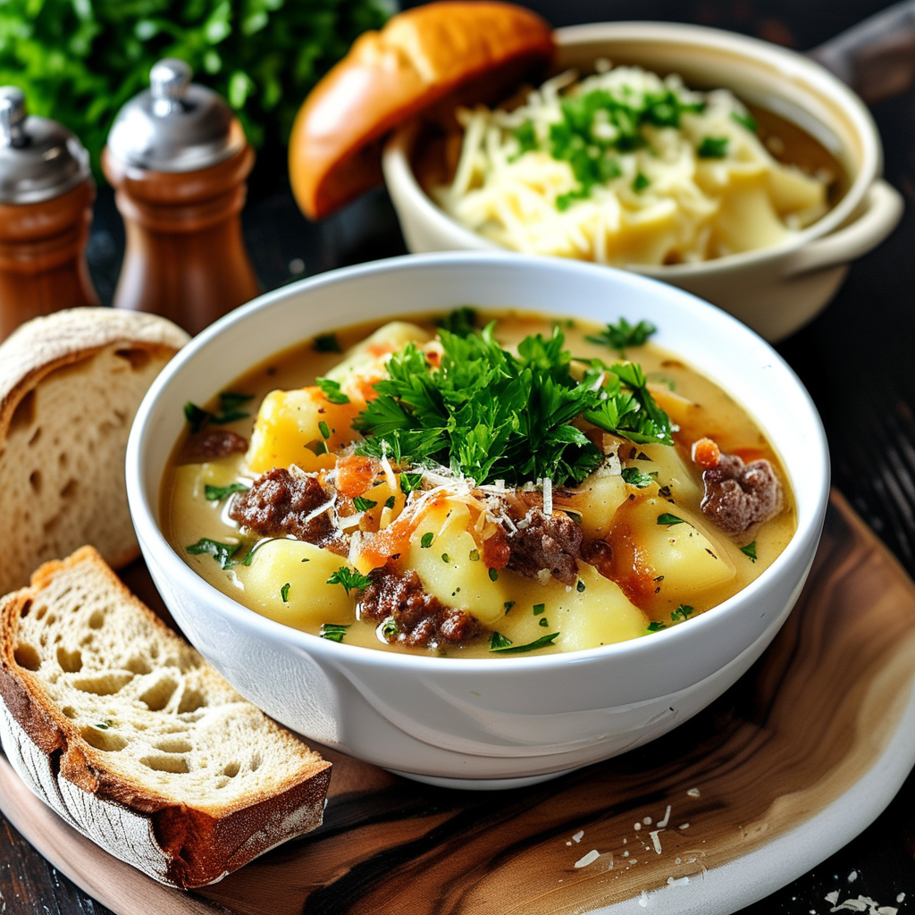 Crock Pot Creamy Potato and Hamburger Soup Recipe 4 Finished Soup Presentation