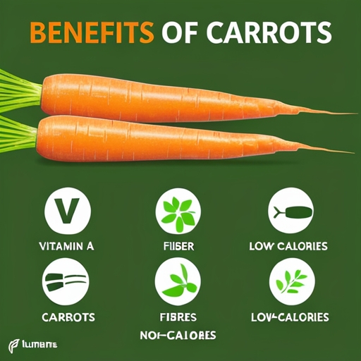 Comprehensive Guide to Diced Carrots: Health Benefits and Recipes 2 An infographic showing the nutritional benefits of carrots, emphasizing Vitamin A, fiber, and low calories.