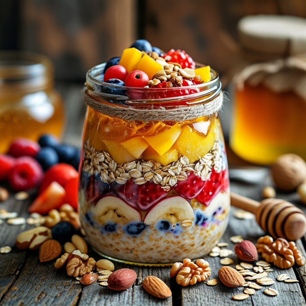 Easy Breakfast Ideas: Quick and Healthy Recipes 1 A close-up of a jar of overnight oats layered with fruits, nuts, and honey