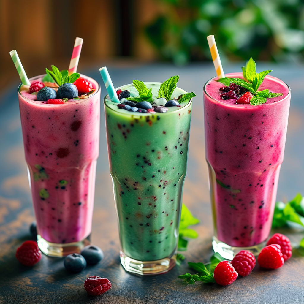 Easy Breakfast Ideas: Quick and Healthy Recipes 2 A vibrant overhead shot of three different smoothies in glasses