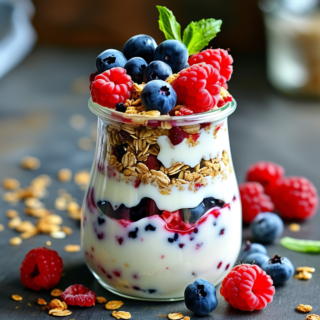 Easy Breakfast Ideas: Quick and Healthy Recipes 4 A colorful layered yogurt parfait in a clear jar