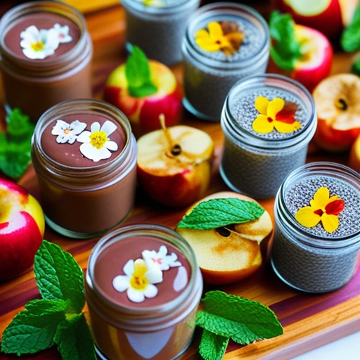 Delicious and Simple Dessert Ideas: Quick and Healthy 3 A healthy dessert recipe arrangement featuring Avocado Chocolate Mousse in small jars, Chia Seed Pudding, and Baked Apples with Cinnamon.