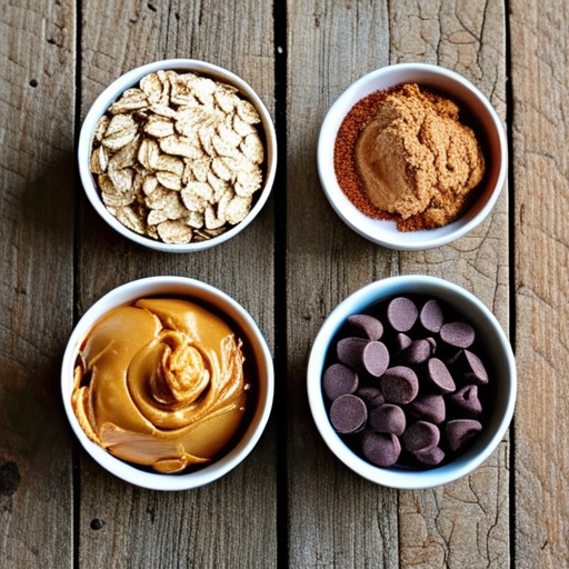 Delicious and Simple Dessert Ideas: Quick and Healthy 4 A neatly organized display of the ingredients needed for an easy dessert recipe Chocolate Oatmeal Cookie, including oats, cocoa powder, peanut butter, and chocolate chips.