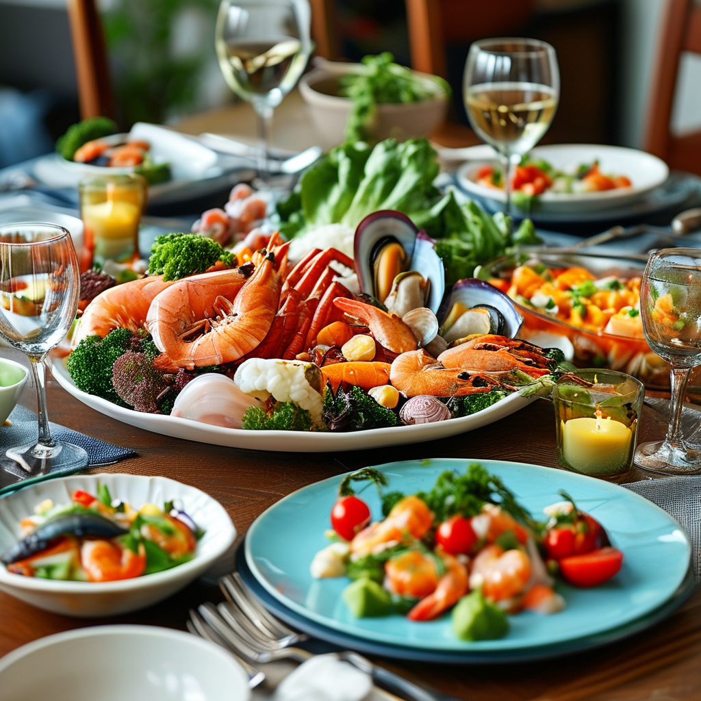Easy Dinner Pescatarian Family with Toddler 1 Family dinner table beautifully arranged with colorful seafood dishes