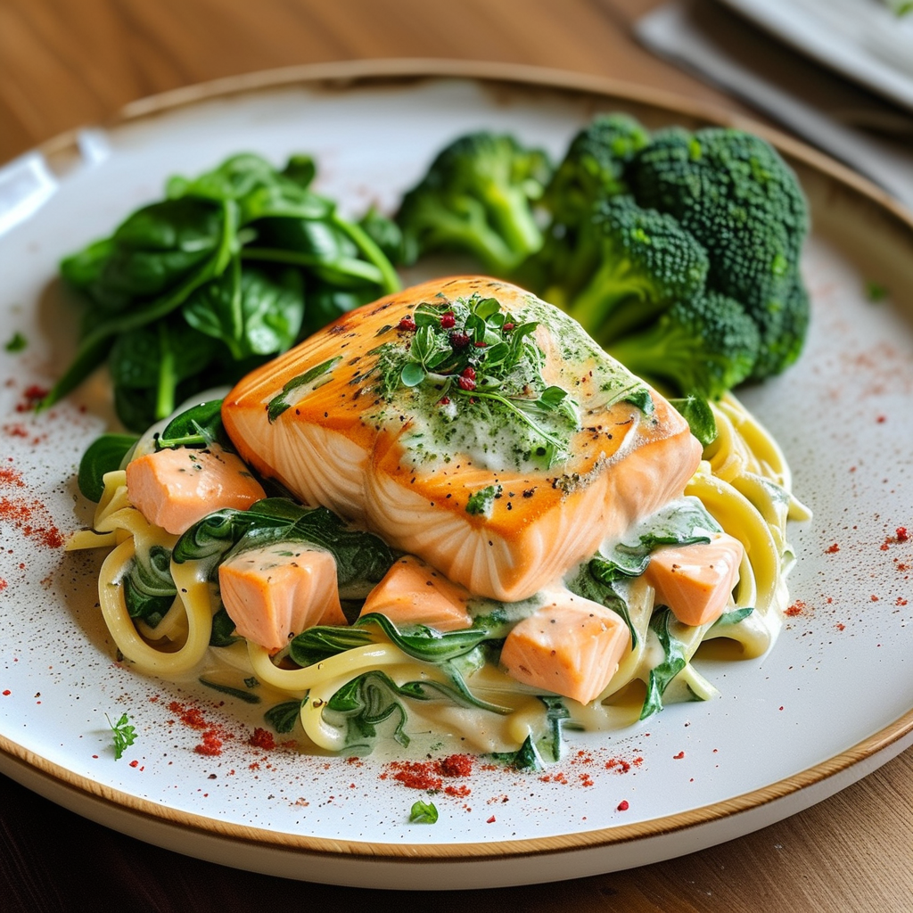 Easy Dinner Pescatarian Family with Toddler 5 Creamy Salmon Pasta with Spinach and steamed broccoli