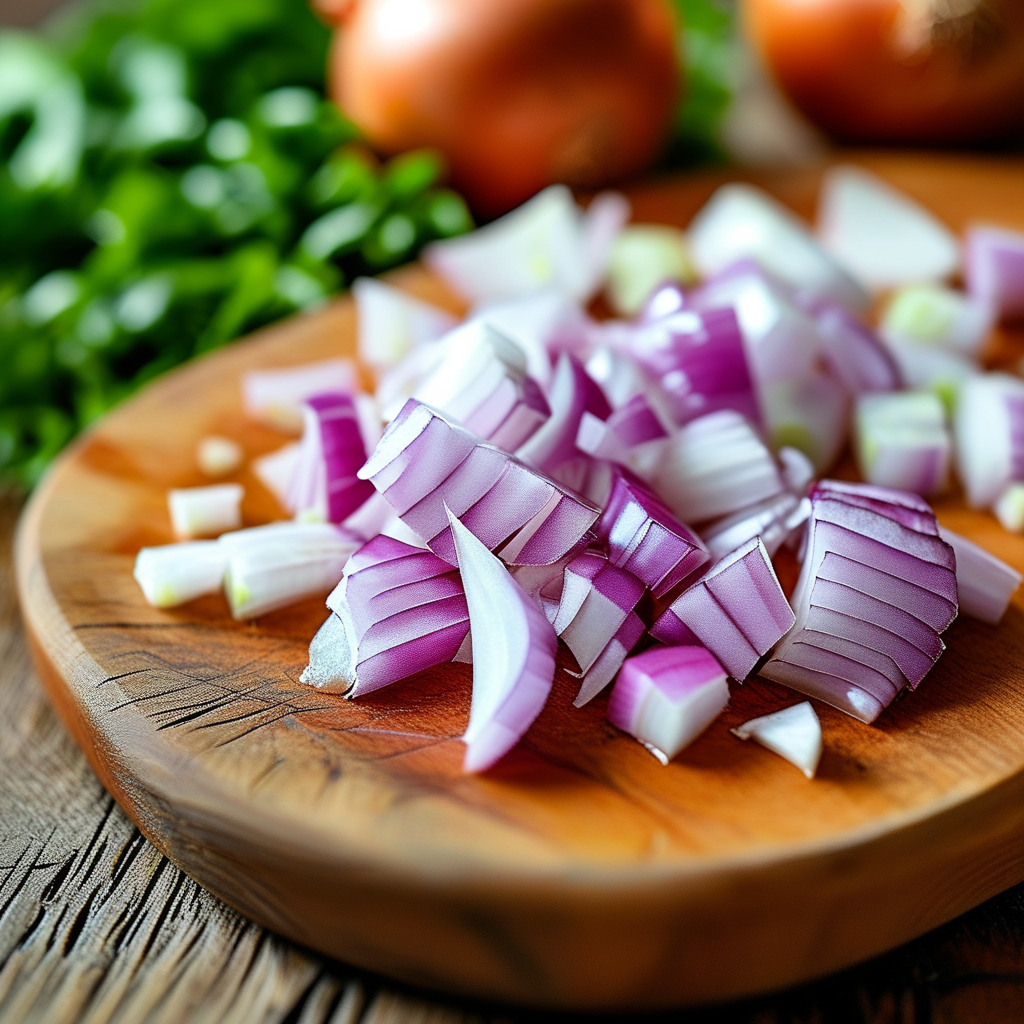 The Versatility of Finely Chopped Onion in Cooking 1 Close-up of freshly diced onions on a wooden cutting board