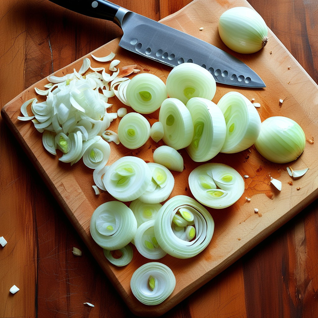 The Versatility of Finely Chopped Onion in Cooking 3 Step-by-step images of the chopping process of an onion on a cutting board.