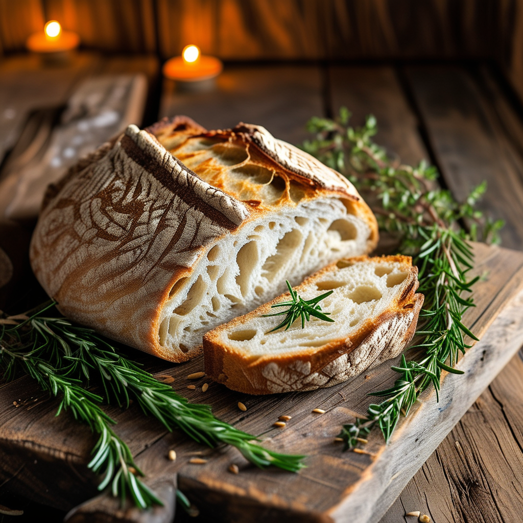 Herbs for Bread: Enhance Your Baking with Culinary Flavors 1 A rustic loaf of bread infused with fresh herbs, showcasing sprigs of rosemary and thyme around it.