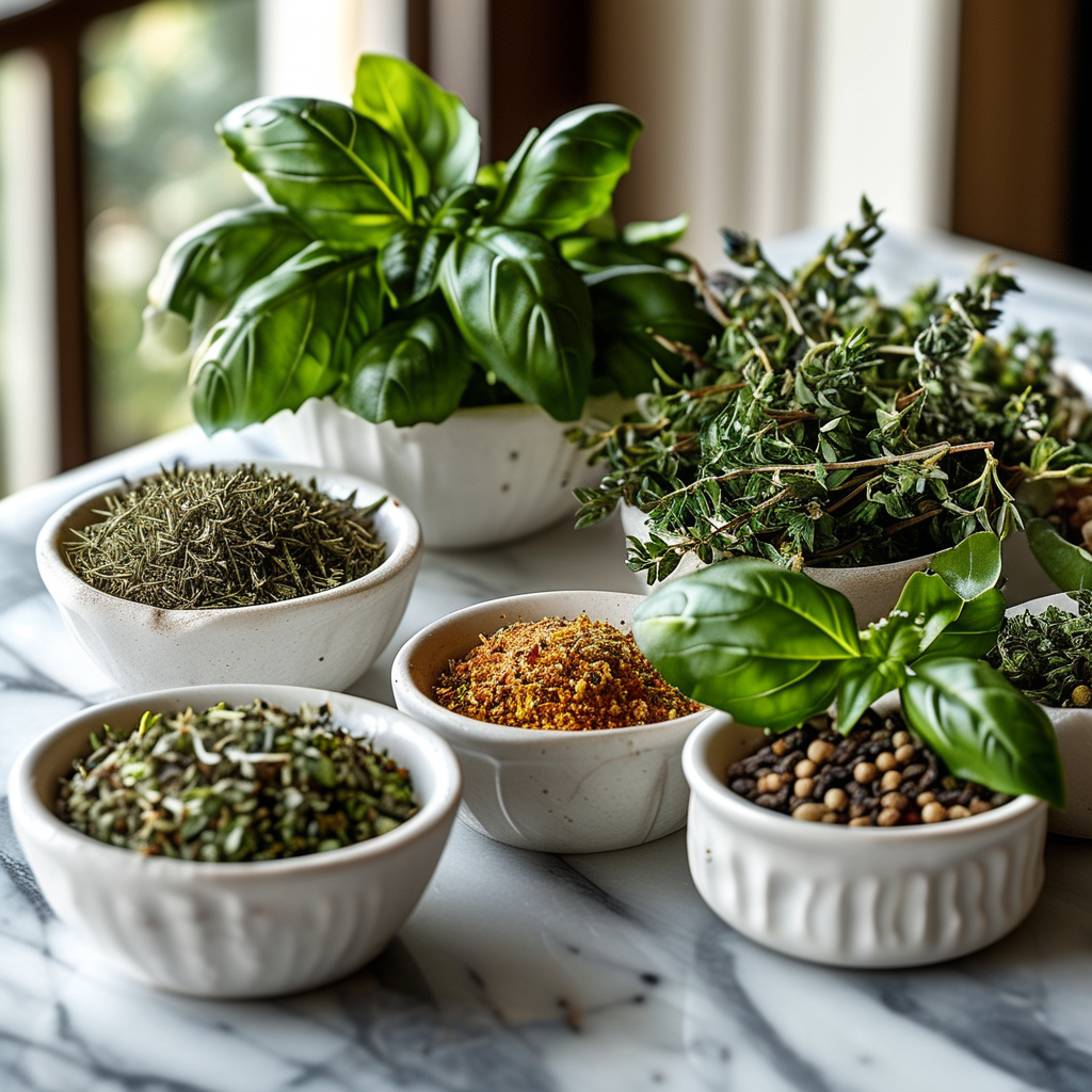Herbs for Bread: Enhance Your Baking with Culinary Flavors 2 A close-up of different dried herbs (basil, oregano, and thyme) arranged in small bowls.